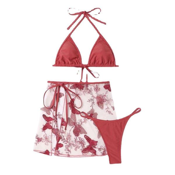 

halter swimsuit ladies three piece set embroidered mesh bikini, White;black
