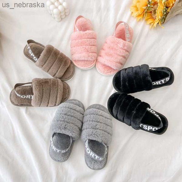 

slipper children slippers furry indoor three colors chic kids sliders winter elastic band 2635 open toe leisure boys girls flat shoes 221125, Black;grey