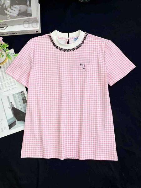 

women's t-shirt designer summer new girls' casual versatile pink plaid neckband with diamond decorative letter printing short slee, White