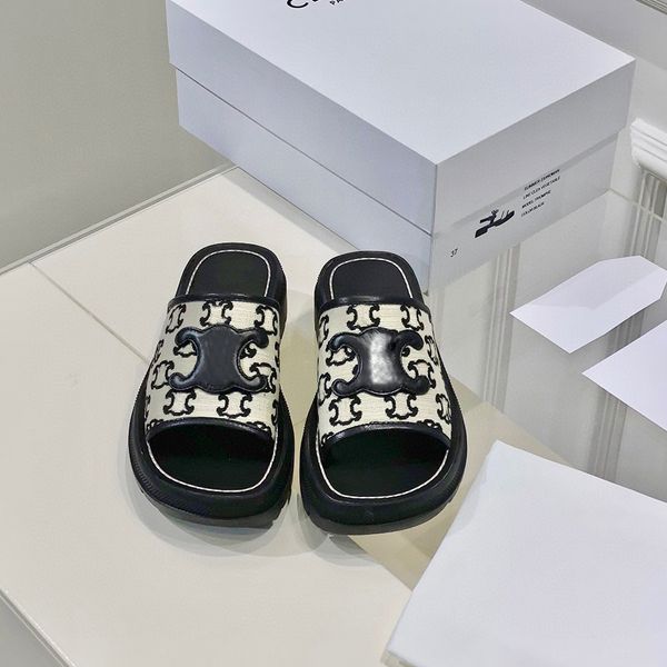 

clea padded flat slides slippers leather insole platform sandals canvas triomphe stamped open toe luxury designer for women holiday flats sa, Black