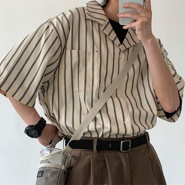 

2022 japan vintage khaki vertical stripes men women shirts cuba collar loose oversized half sleeve cool streetwear, White