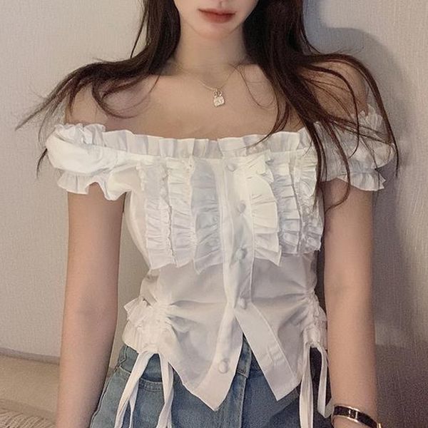

houzhou vintage kawaii blouses women puff sleeve shirring white shirt for girl summer korean fashion preppy style crop