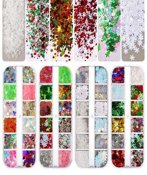 

12 grid christmas nail art accessories sequins fluorescent snowflake christmas set glitter powder glitter nail polish glue jewelry8004038, Silver