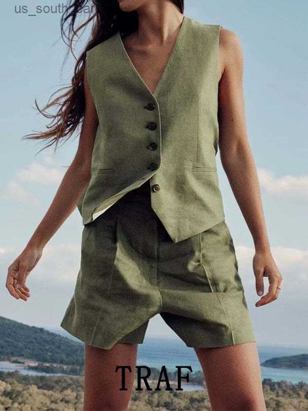 

traf woman 2 pieces shorts sets 2023 new fashion linen vest casual shorts summer suit two piece set womens outfits l230522, White;black
