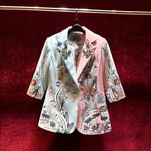 

european and american women's clothes 2023 summer new seven-point sleeve beaded suit collar fashion botanical print jacket, Black;brown