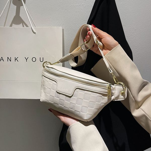

women waist packs wide strap crossbody chest bag female elegant plaid pu leather fanny pack ladies stylish fanny pack black beige green