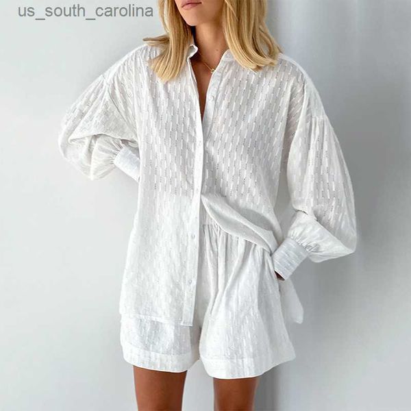 

summer women shorts set white shirt long sleeve two piece set for women fashion loose casual 2 piece sets women outfit new 22076, White;black