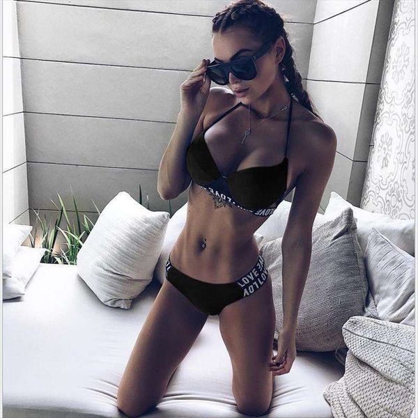 

womens bikini solid color hard bag love strip split swimsuit, White;black