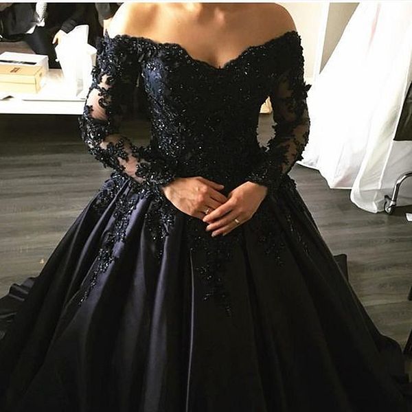 

vintage black gothic wedding dresses long sleeves v neck satin bridal gowns lace appliques beaded classic bride dress back lace-up plus size, White