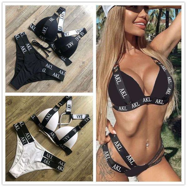 

letter bikini womens split push up hard cup swimsuit, White;black