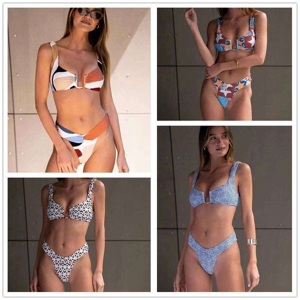

womens u shaped buckle swimwears multi color print bikini, White;black