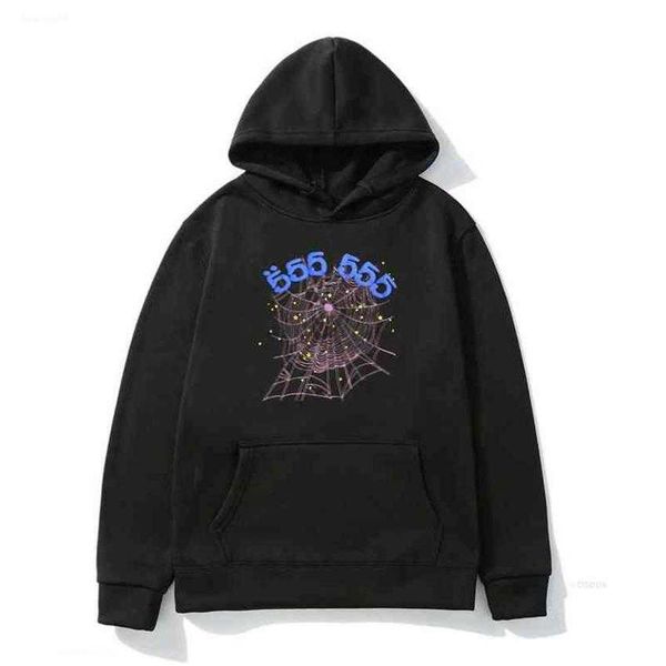 

men's hoodies sweatshirts fashion creativity sp5der 555555 angel number hoodie men women spider web pattern hooded sweatshirt couples k, Black