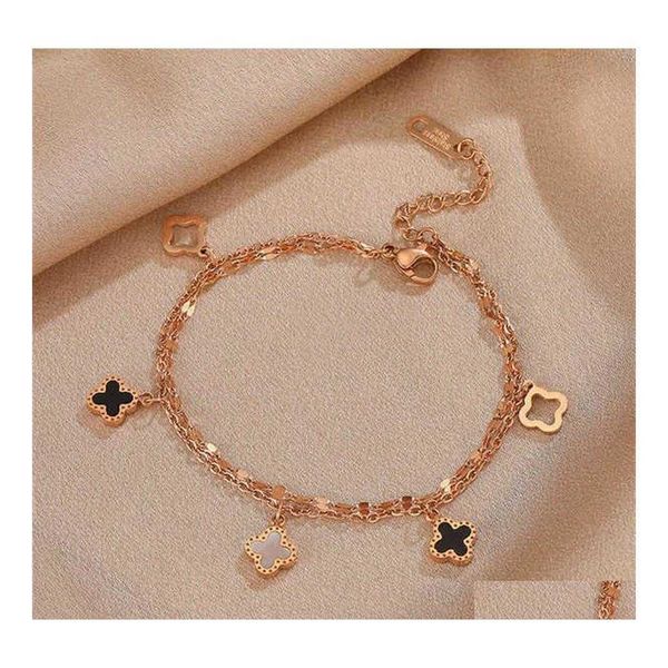 

charm bracelets leaf clover steel rose gold bracelet womens dign friends student temperament korean simple hand jewelry244i dro dh87q, Black