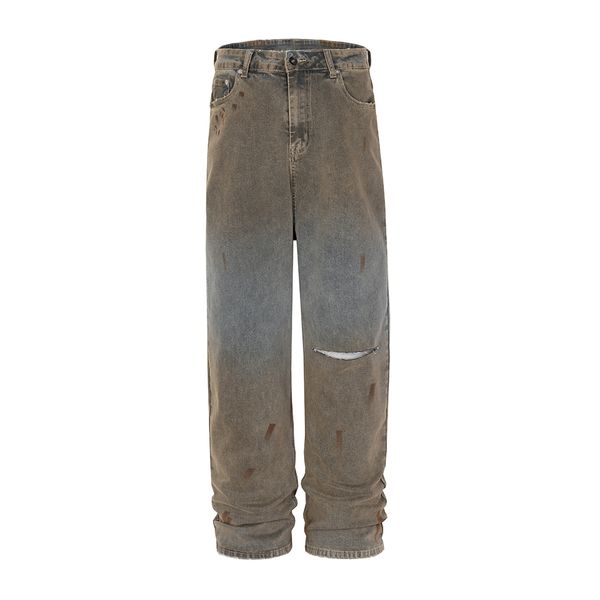 

vintage washed hole cut streetwear baggy jeans ripped wide leg loose casual denim trousers men's oversized trousers, Black;brown