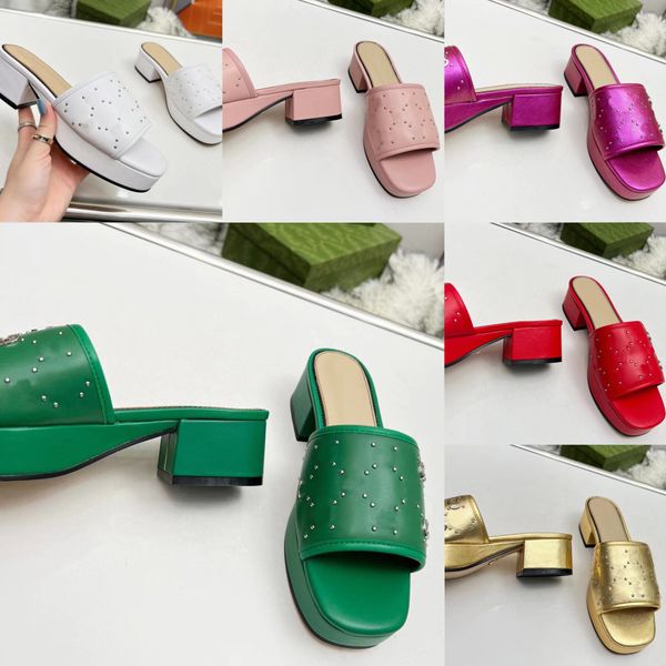 

new slippers women's high heels brand designer genuine leather waterproof sandals letter logo thick heel candy non slip outdoor solid s, Black