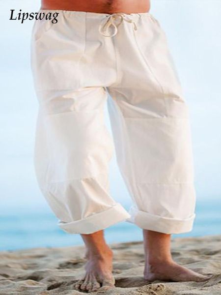

pants vintage solid mid waist laceup pants mens casual loose drawstring long trousers beach seaside men clothing summer streetwear, Black