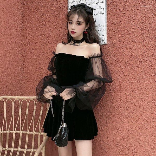 

casual dresses dress y2k black women mini skirt lady style pleated tube tulle long sleeve off shoulder summer short prom gothic, Black;gray