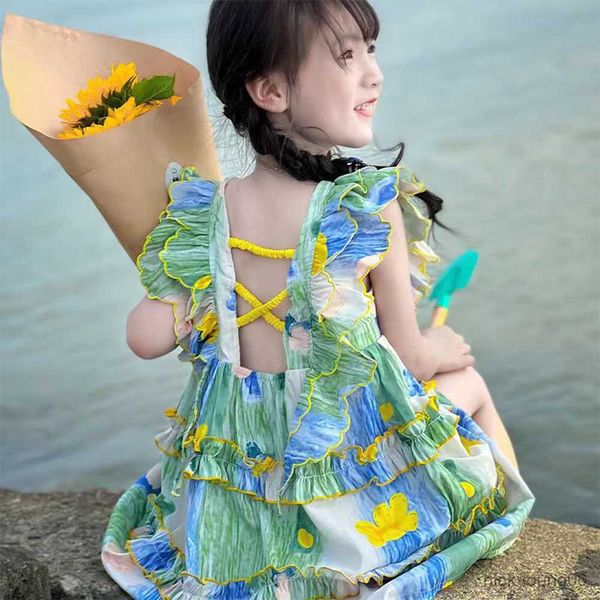 

girl's dresses new summer flower girls casual beach princess party dress kids clothes floral print children's clothing r230612, Red;yellow