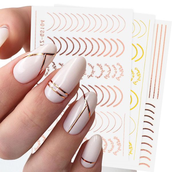 

gold silver sliders 3d nail stickers straight curved liners stripe tape wraps geometric nails art decoration, Black