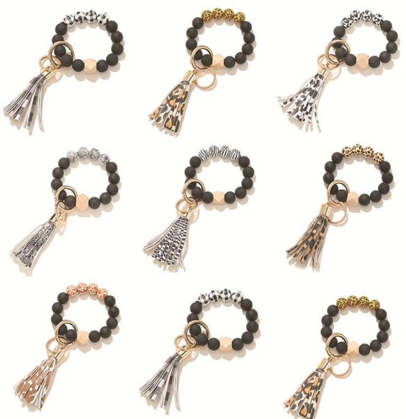 

multiful tassel circle wristlet keychain bangles fashion charm jewelry leopard printed wooden beads bracelet key chain for women g3443095, Silver