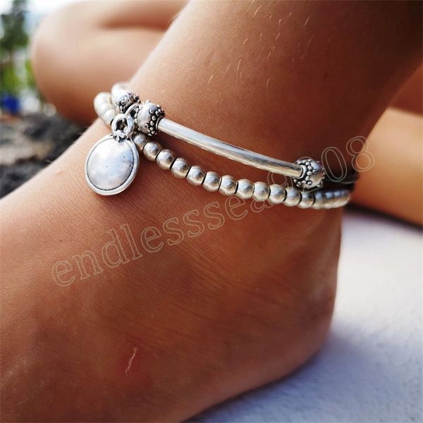 

couple handmade leather rope geometric beaded ankle ins fashion round pendant bohemian beach ankle vacation party jewelry, Red;blue