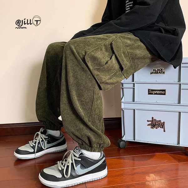 

pants privathinker autumn large size men's corduroy harem pants solid color pockets male fashion brand trousers casual baggy pants, Black