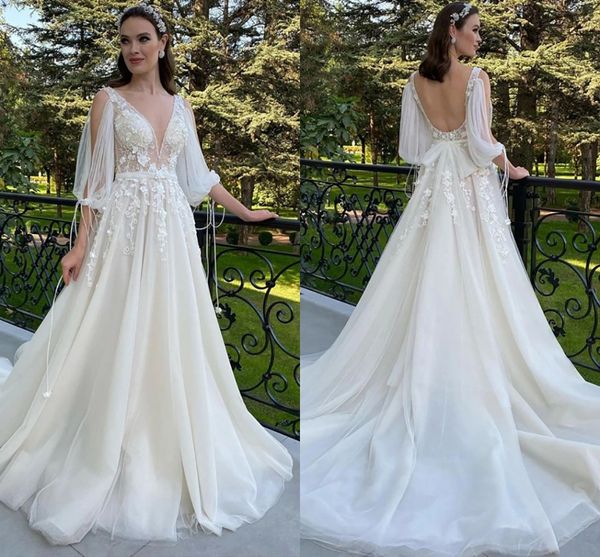 

delicate lace appliqued v neck plus size a line wedding dresses with 3/4 long sleeves tulles romantic boho garden bridal gowns u backless ro, White
