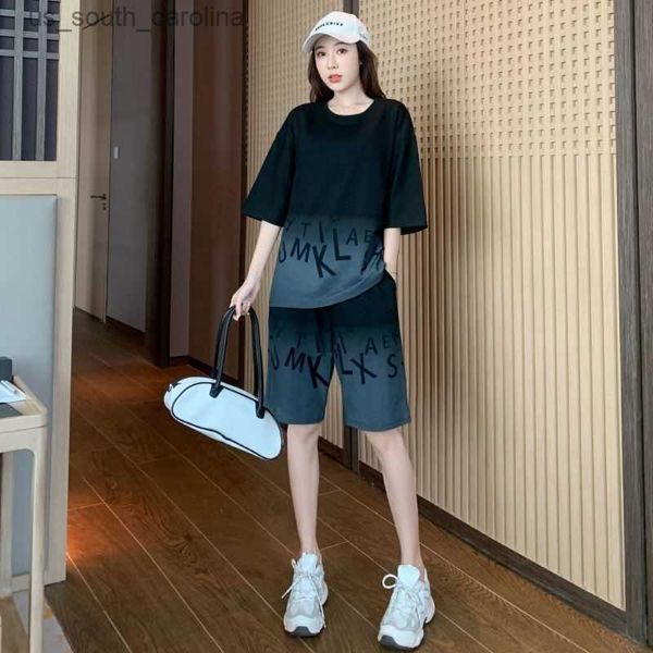 

women's casual sports short suit 2023 summer new fashion fried street long t-shirt crop 2 two piece set for women tracksuit l230522, White;black