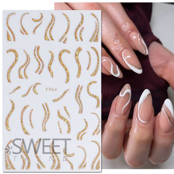 

gold glitter nail sticker french shiny nail line laser nails transfer decals, Black