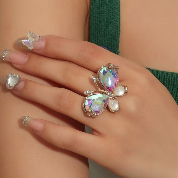 

exquisite and exaggerated fashion design simple and colorful ab diamond butterfly cat eye adjustable ring, Golden;silver