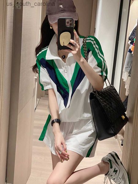 

fashion casual sports suit women 2023 new thin polo neck coat +elastic waist shorts short sleeve 2 piece sets women outfit, White;black