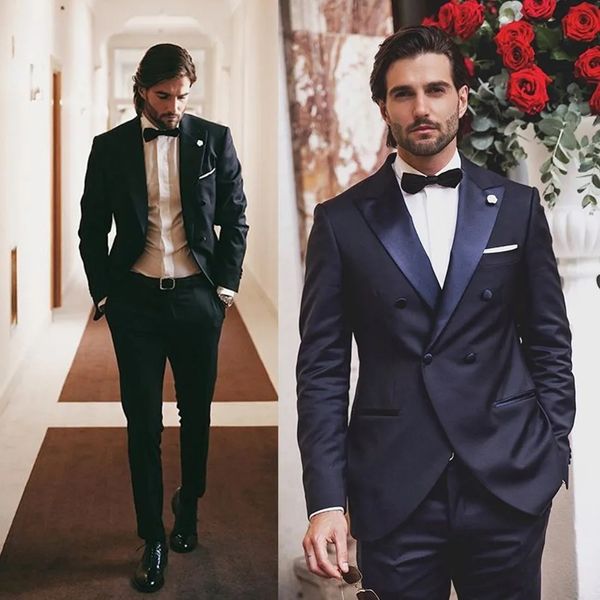 

new handsome groom wedding tuxedos peaked lapel slim fit double breasted groomsmen wear formal party prom men suit blazer jacket pants, Black;gray