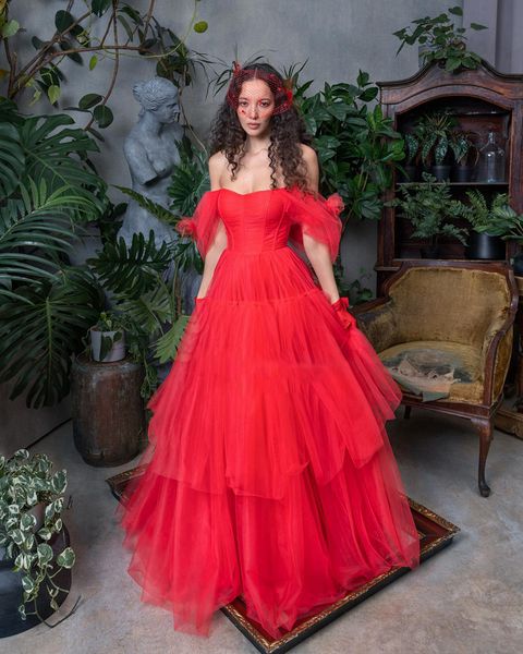 

strapless tulle evening dresses tiered red formal a-line floor length prom gowns vestidos de noche, Black;red