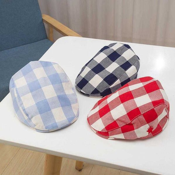 

berets new fashion beautiful cotton plaid boy's striped beret elastic children's baby beanie summer sun hat g220612, Blue;gray