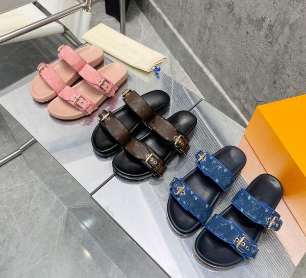 

luxury bom dia flat mule slippers 1a3r5m cool effortlessly stylish slides 2 straps adjusted gold buckles women summer sandals size 35-41, Black