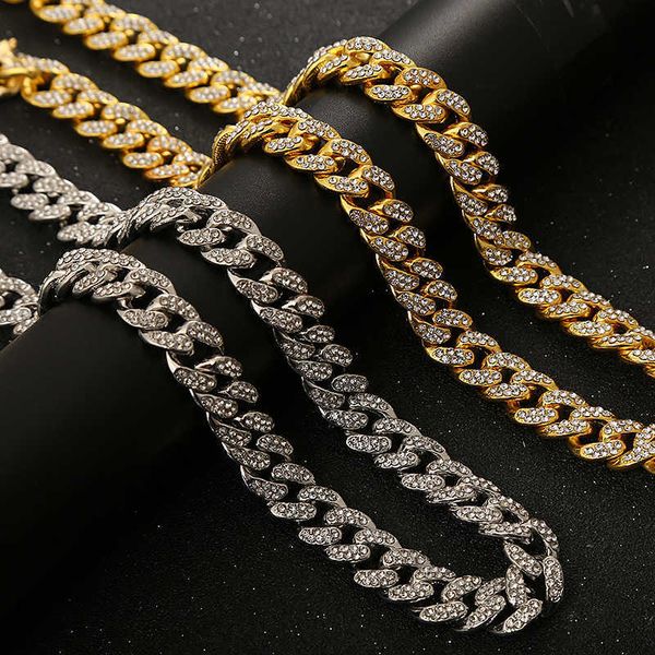 

drop shipping wholesale 12mm diamond choker men necklace hiphop plated 18k gold iced out cuban link chain jewelry necklace, Silver