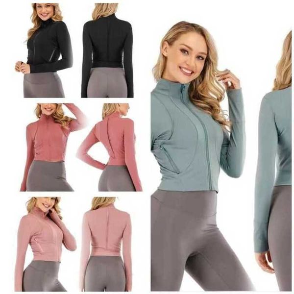 

lulus yoga suit with double-sided matte nylon high elasticity solid color jacket, women's zipper standing neck sports slimming long sle, White;black