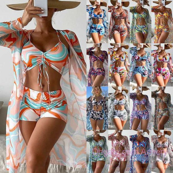 

2023 Swimsuit Womens Designers Bikini Split Three Piece Set Cover Up High Waist Long Sleeve Ins Overshirt Drawstring Beach Bikinis Swimwear, Beige