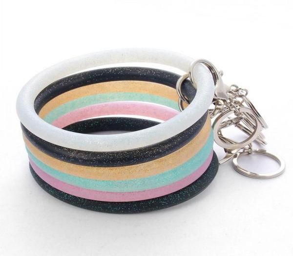 

popular sequin silicone o key chain circle wristlet multiful key ring wrist strap bracelet with keychain bangle7105626, Silver