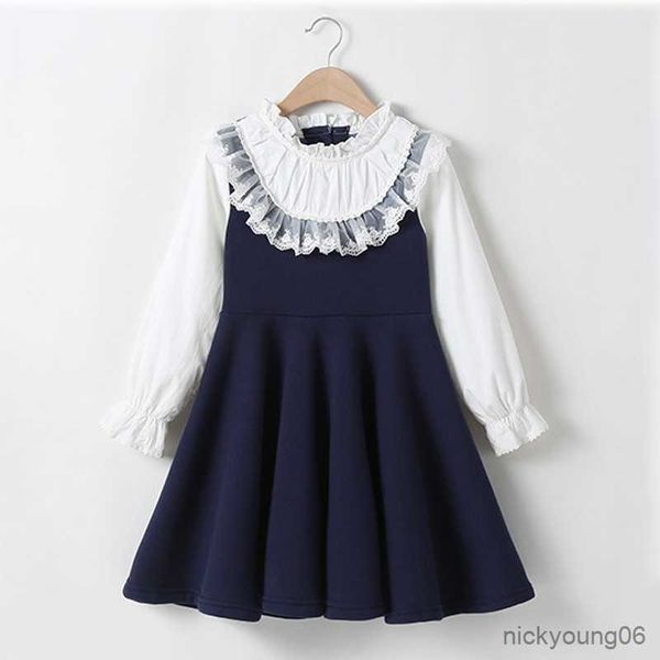

girl's dresses college style baby girls clothing dress autumn spring kids patchwork fall clothes children long sleeve blue white r23061, Red;yellow
