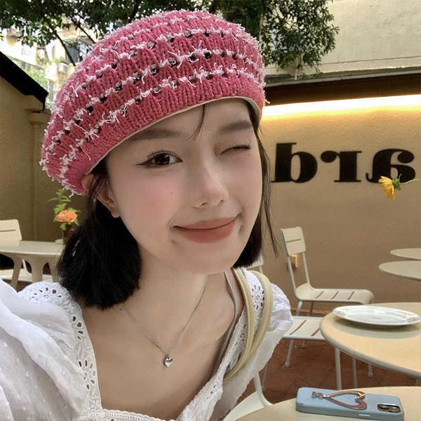 

berets hollow and breathable women's summer south ins version shows small flower bud on the face painter's hat with big head cute, Blue;gray