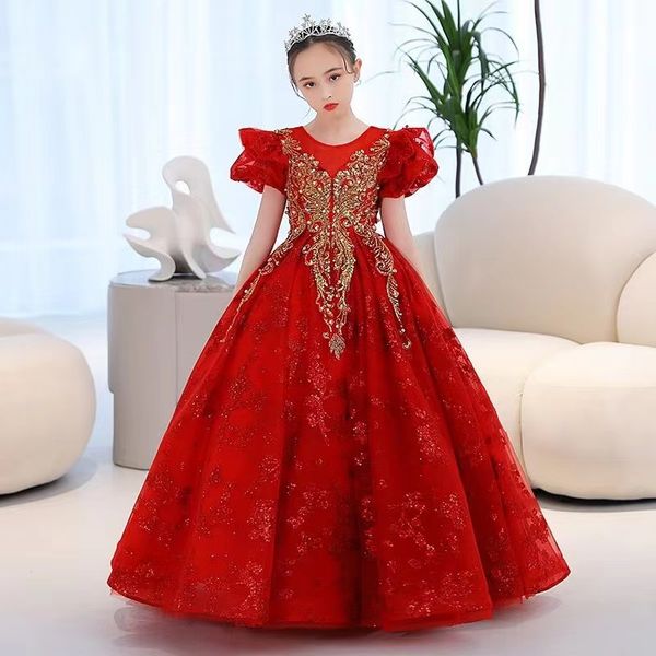 

wedding flower girls dresses cute 3d floral gold red long girl pageant gown luxury beaded sequined crystal birthday party gowns communion ch, White;blue