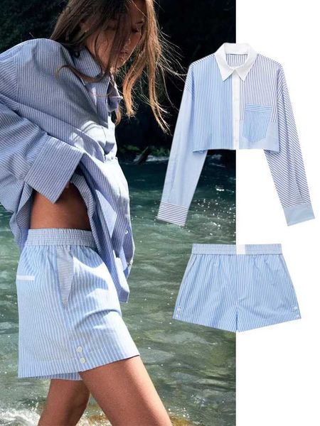 

traf women fashion shorts set 2023 stripe long sleeve shirt and waist loose high mini shorts two piece sets l230522, White;black