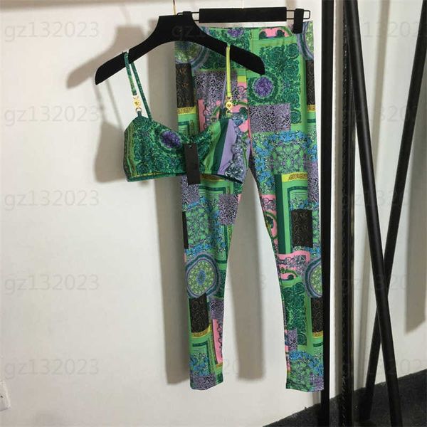 

women summer dress two piece set medusa gold buckle decoration floral pattern print camisole stretch slim bottoming pants womens tracksuit s, White