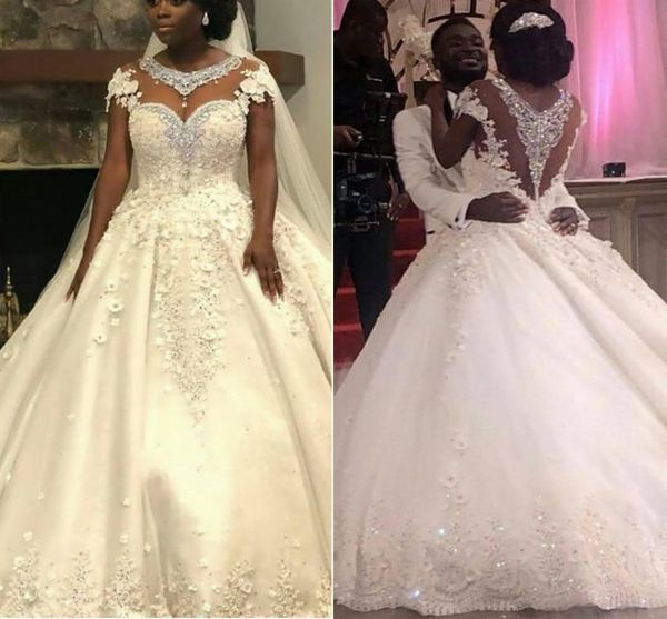 

arabic dubai crystal women' wedding dress 2023 scoop bead pearls 3d flowers puffy princess bridal gown vestidos de novia custom made r, White