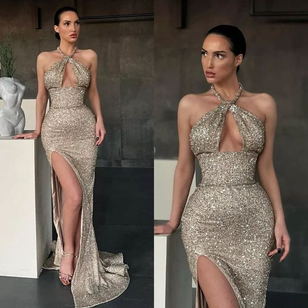 

gorgeous sequins prom dresses keyhole neck slit party evening gowns formal long special occasion dress, Black
