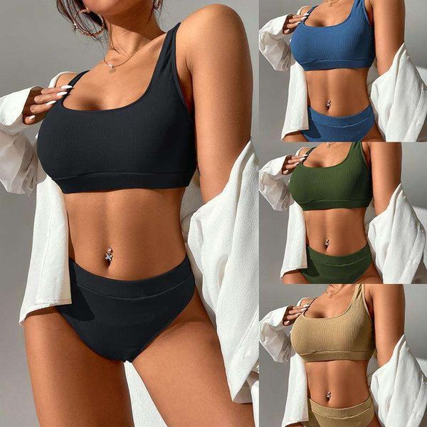 

bikini pure color small sunken stripe high waist swimsuit women, White;black