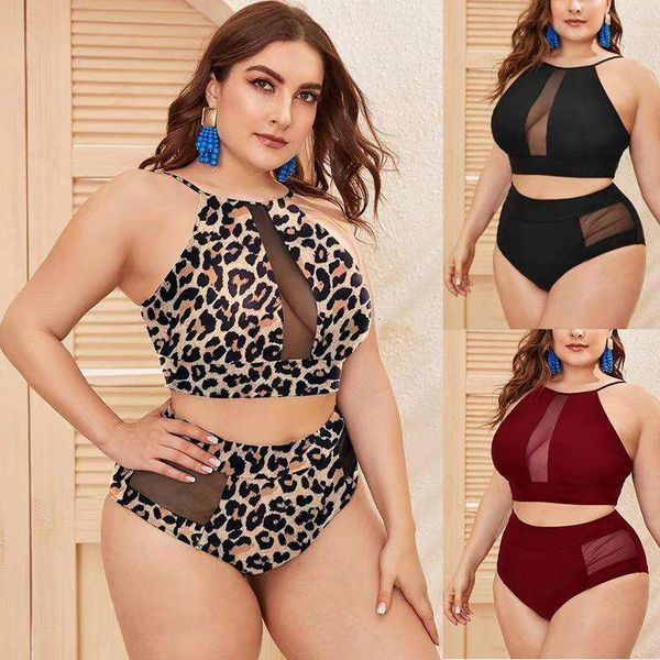

large size bikini leopard print split mesh stitching high waist briefs fat woman womens swimsuit, White;black