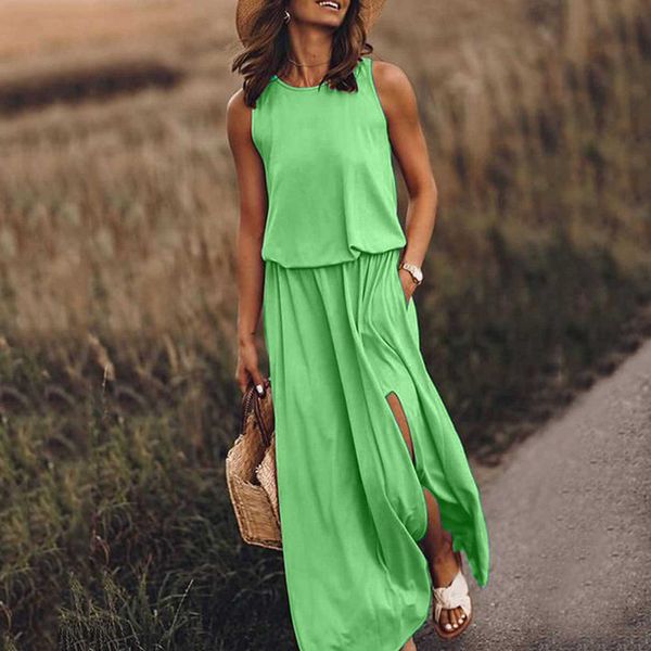 

and summer spring 2023 new women's round neck sleeveless dress with split plain casual commuter dressnnil 2hzg0, White;black