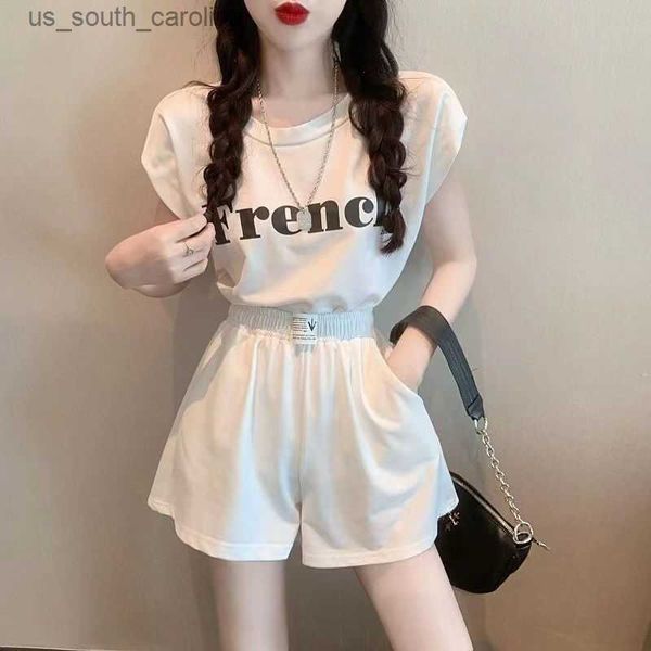 

women's suit 2023 summer new korean backless t-shirt loose fashion crop and shorts outfits for women matching two piece sets, White;black